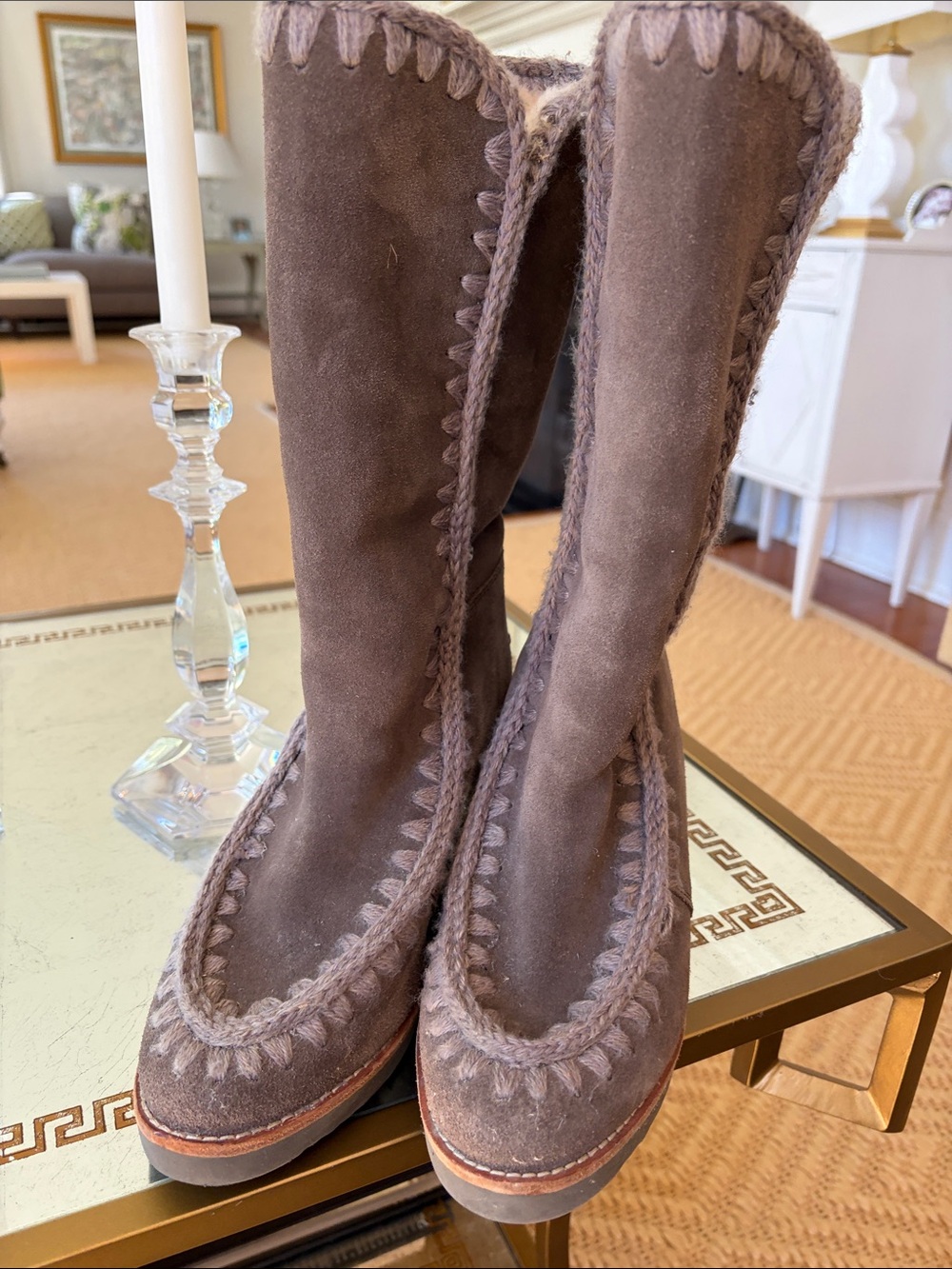 Mou Brown Suede Knee-High Stitched Heeled Boots